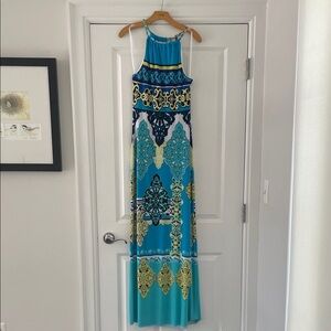 Cache sundress blue printed dress medium halter top with chain. Stretchy